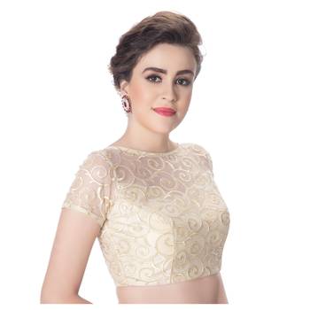 Bright Gold High Neck Full Net Padded Short Sleeves Back Open Readymade Saree Blouse 2