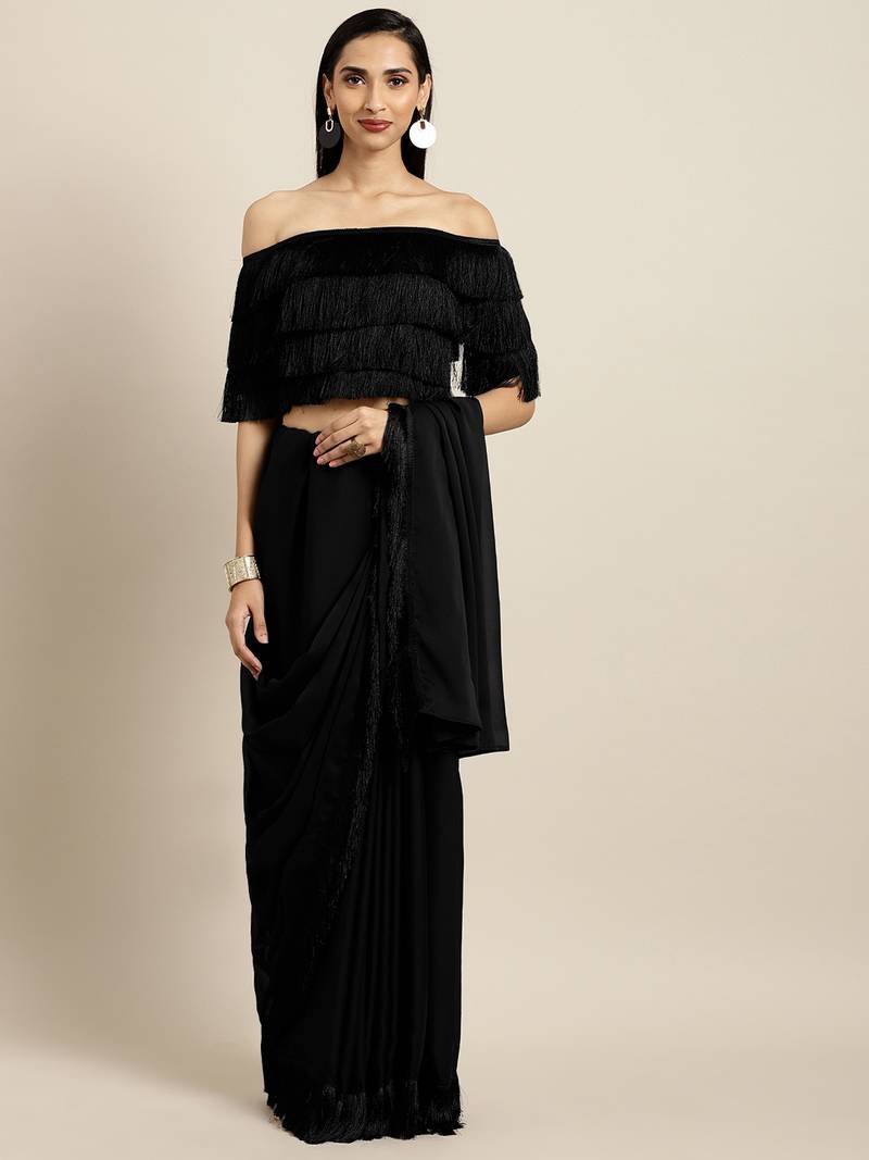 Inddus Black Silk Blend Lace Bordered Fringe Saree With Blouse