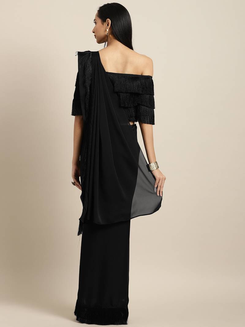 Inddus Black Silk Blend Lace Bordered Fringe Saree With Blouse