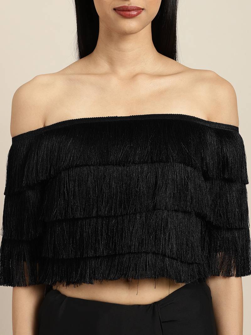 Inddus Black Silk Blend Lace Bordered Fringe Saree With Blouse