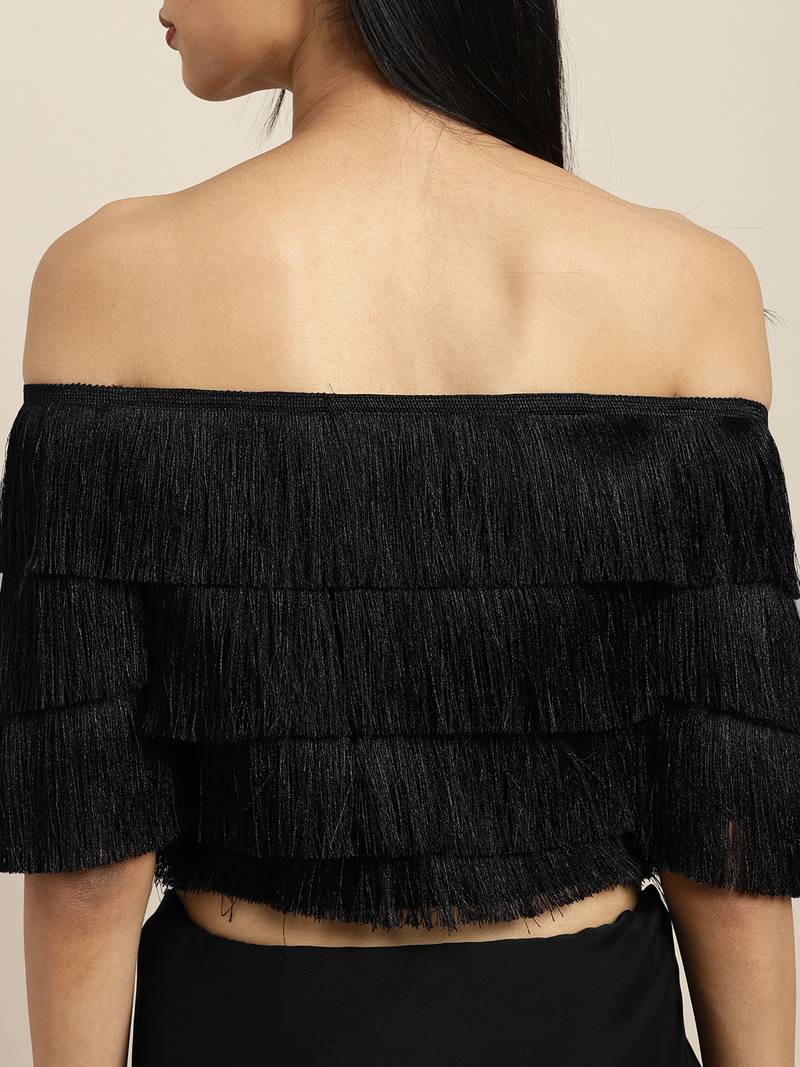 Inddus Black Silk Blend Lace Bordered Fringe Saree With Blouse