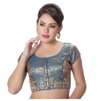Brocade Firozi Princess Cut Padded Short Sleeves Readymade Saree Blouse 1