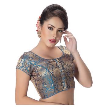 Brocade Firozi Princess Cut Padded Short Sleeves Readymade Saree Blouse 2