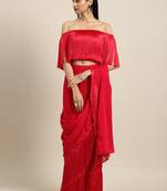 Inddus Red Silk Blend Lace Bordered Fringe Saree With Blouse