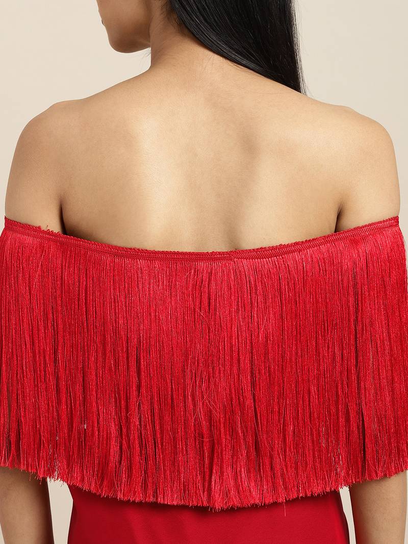 Inddus Red Silk Blend Lace Bordered Fringe Saree With Blouse