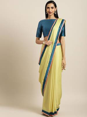 Inddus Yellow Satin Georgette Woven Lace Bordered Saree With Blouse 1