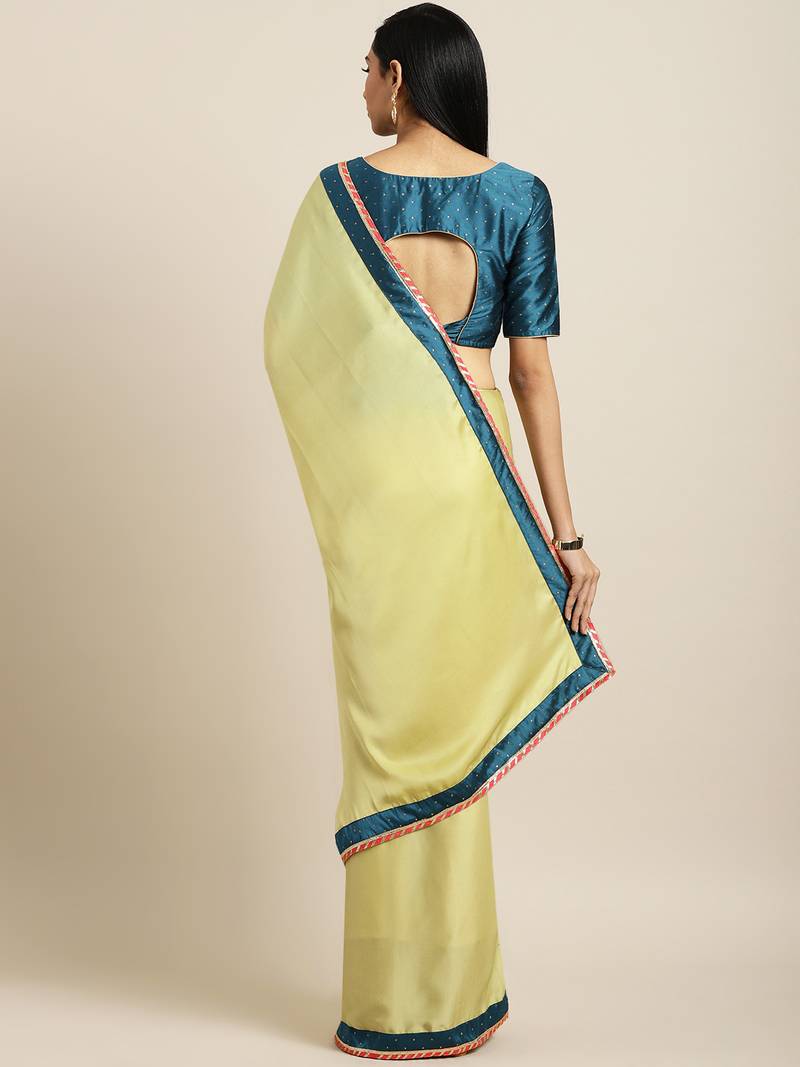 Inddus Yellow Satin Georgette Woven Lace Bordered Saree With Blouse