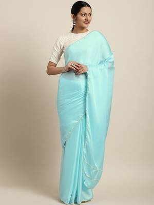 Inddus Powder Blue  Satin Georgette Lace Bordered Saree With Embroidered Blouse 1