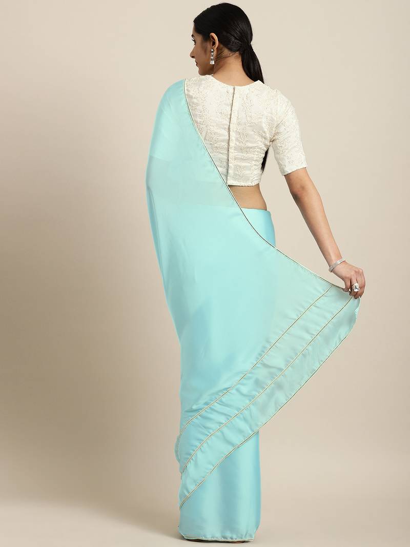 Inddus Powder Blue  Satin Georgette Lace Bordered Saree With Embroidered Blouse