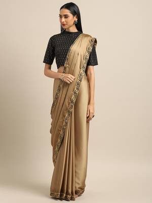 Inddus Brown Georgette Woven Lace Border Saree With Blouse 1