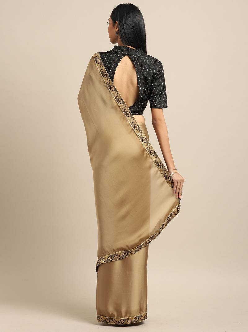 Inddus Brown Georgette Woven Lace Border Saree With Blouse