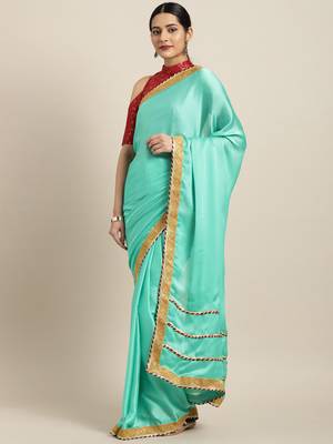Inddus Sea Green Satin Georgette Lace Bordered Saree With Blouse 1