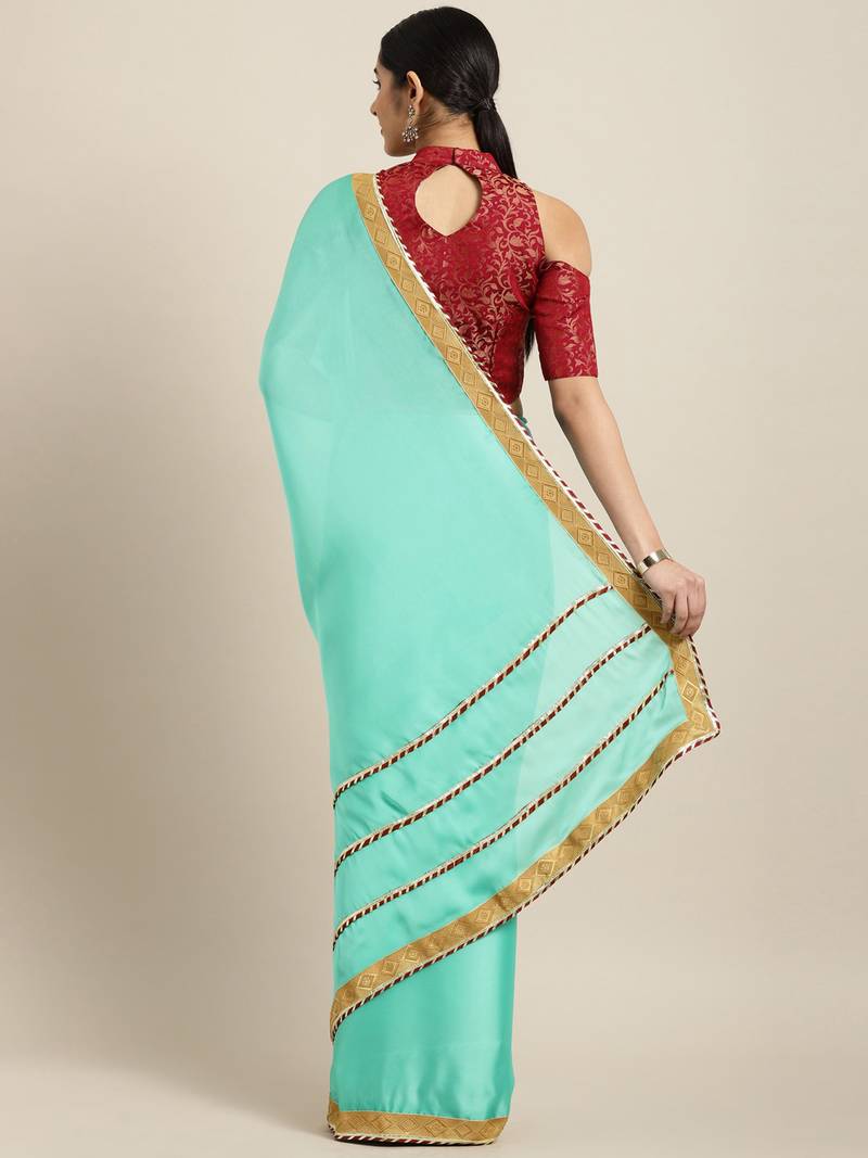 Inddus Sea Green Satin Georgette Lace Bordered Saree With Blouse