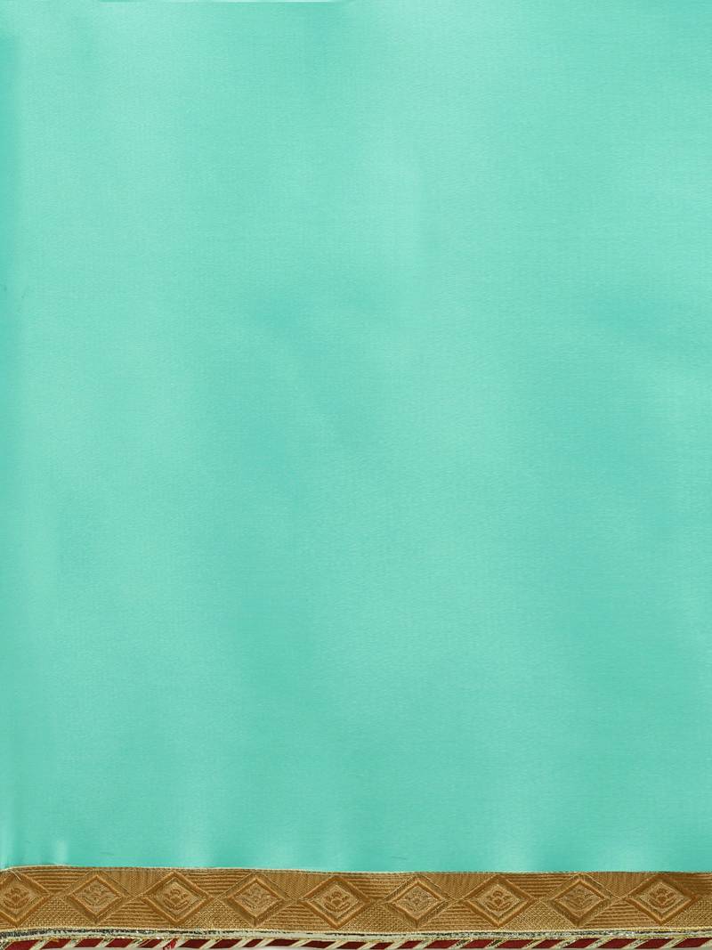 Inddus Sea Green Satin Georgette Lace Bordered Saree With Blouse