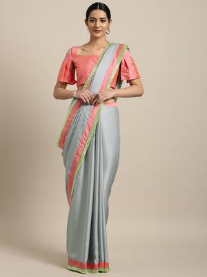 Inddus Blue Satin Georgette Lace Bordered Saree With Blouse 1