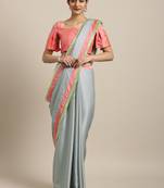 Inddus Blue Satin Georgette Lace Bordered Saree With Blouse