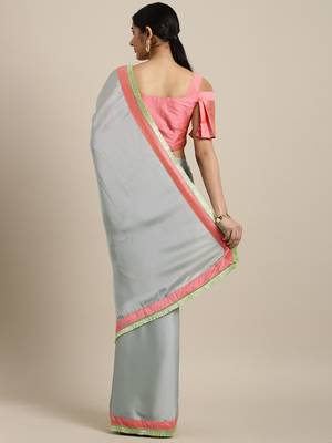 Inddus Blue Satin Georgette Lace Bordered Saree With Blouse 2