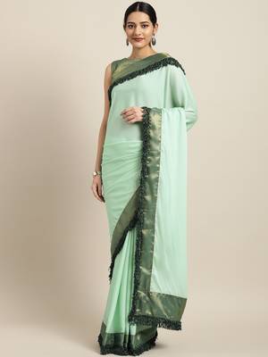 Inddus Sea Gren Silk Blend Lace Bordered Fringes Saree With Woven Blouse 1