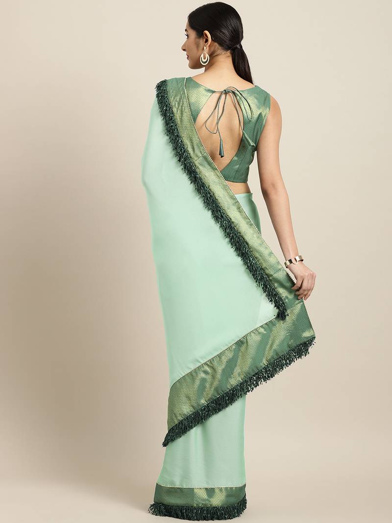 Inddus Sea Gren Silk Blend Lace Bordered Fringes Saree With Woven Blouse