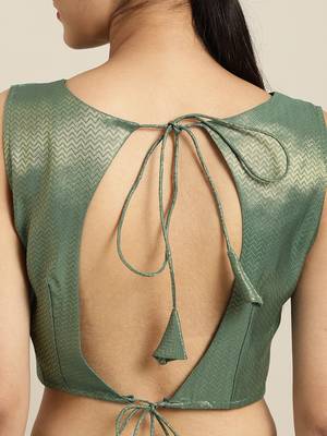 Inddus Sea Gren Silk Blend Lace Bordered Fringes Saree With Woven Blouse 4