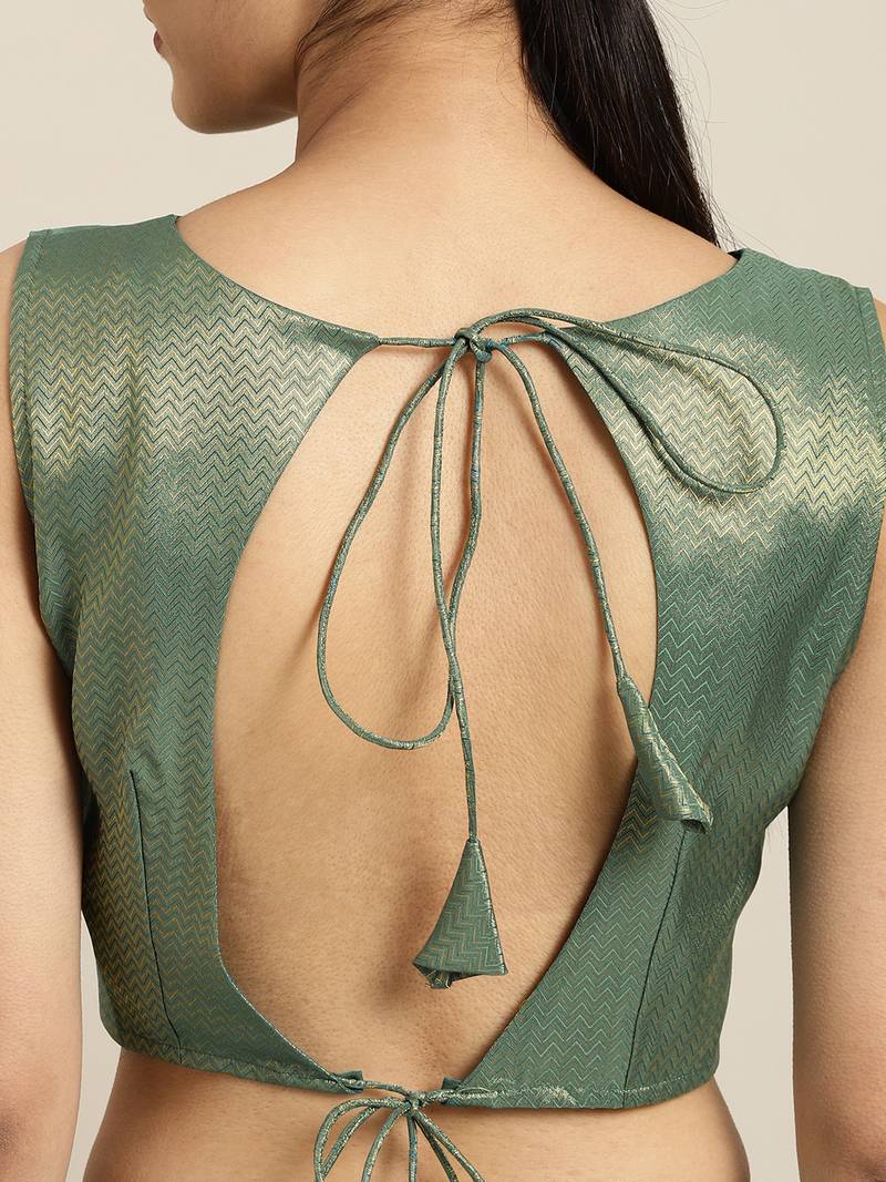 Inddus Sea Gren Silk Blend Lace Bordered Fringes Saree With Woven Blouse