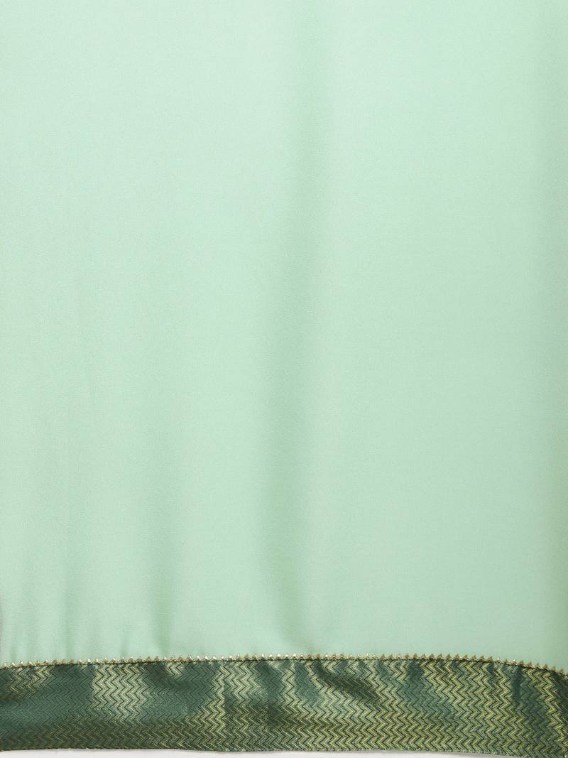 Inddus Sea Gren Silk Blend Lace Bordered Fringes Saree With Woven Blouse