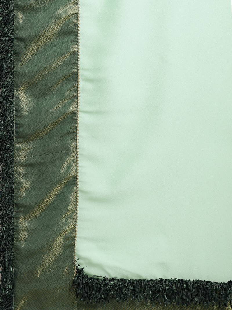 Inddus Sea Gren Silk Blend Lace Bordered Fringes Saree With Woven Blouse