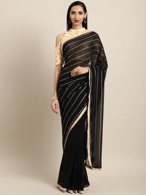 Inddus Black Georgette Foil Print Saree With Embroidered Blouse 1