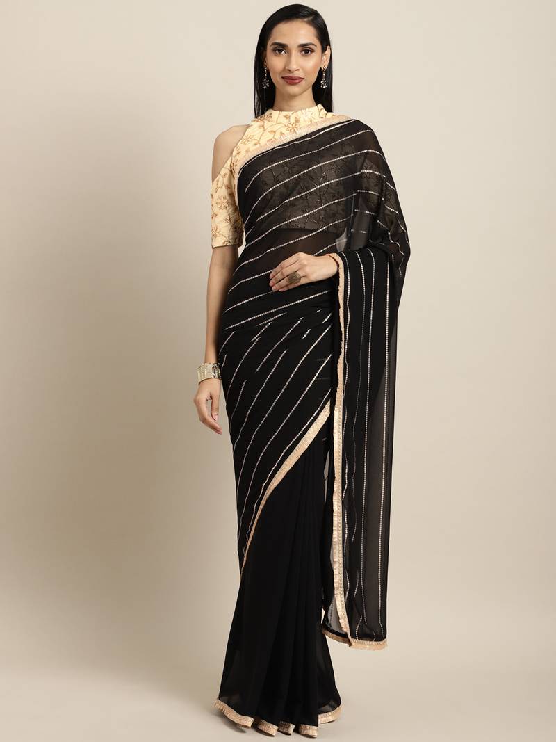 Inddus Black Georgette Foil Print Saree With Embroidered Blouse