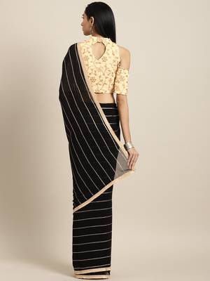 Inddus Black Georgette Foil Print Saree With Embroidered Blouse 2
