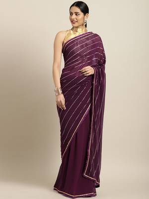 Inddus Purple Georgette Foil Print Saree With Solid Blouse 1