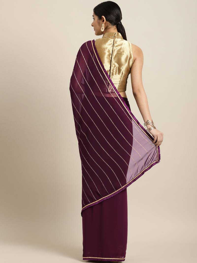 Inddus Purple Georgette Foil Print Saree With Solid Blouse