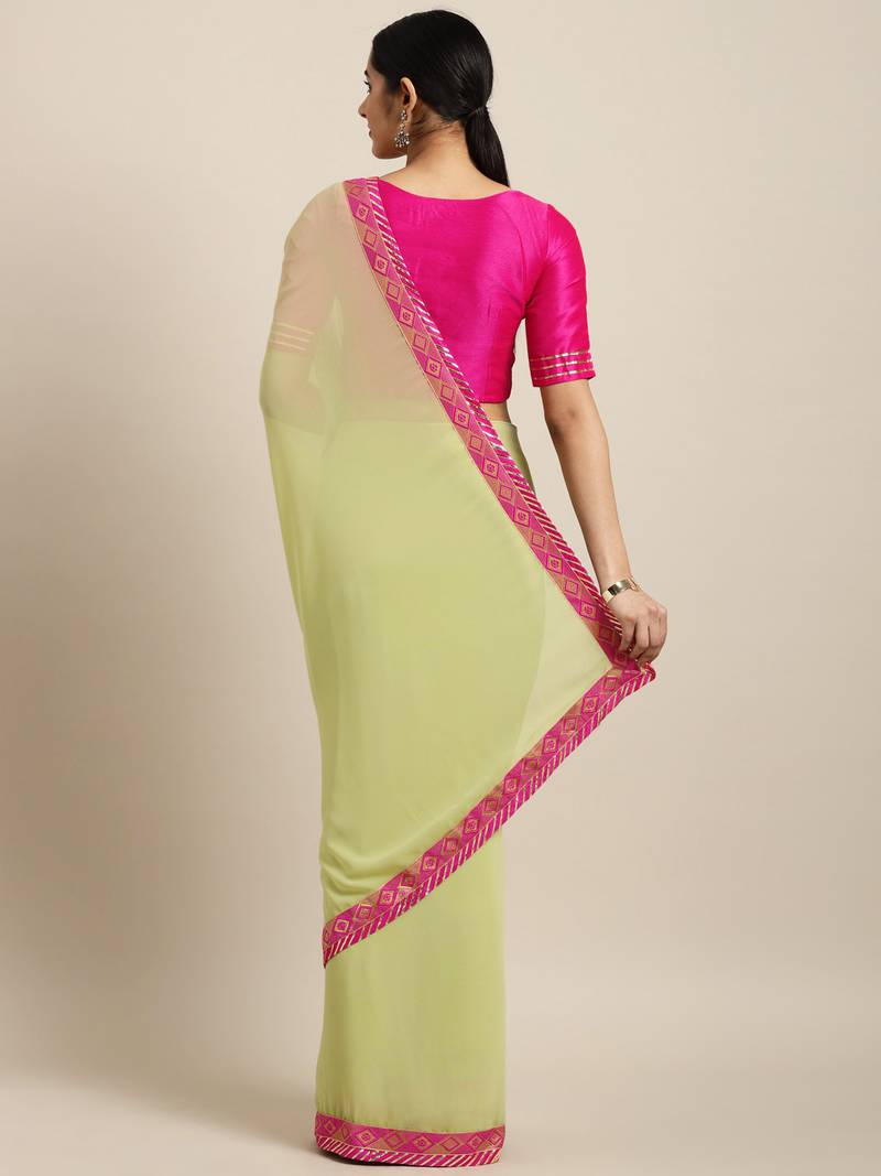 Inddus Green Georgette Lace Bordered Saree With Blouse