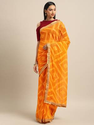 Inddus Yellow Chiffon Lace Bordered Bandhani Saree With Blouse 1