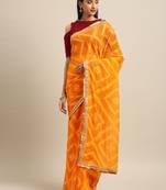 Inddus Yellow Chiffon Lace Bordered Bandhani Saree With Blouse