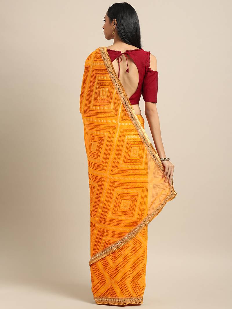 Inddus Yellow Chiffon Lace Bordered Bandhani Saree With Blouse