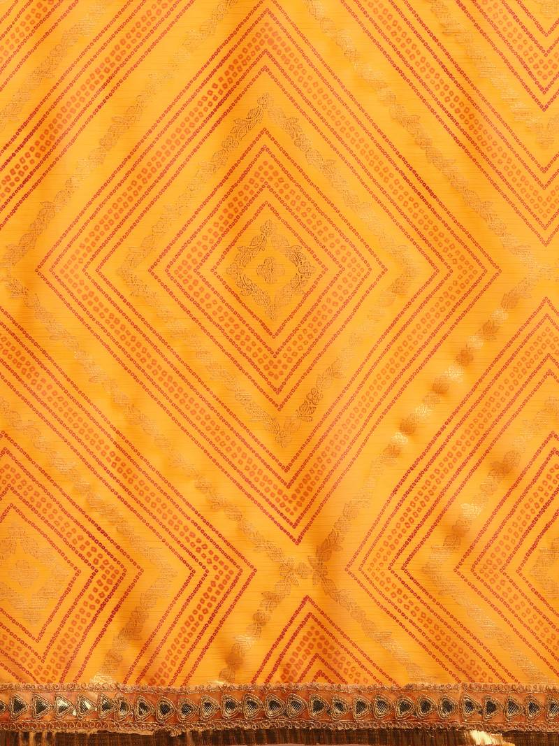Inddus Yellow Chiffon Lace Bordered Bandhani Saree With Blouse