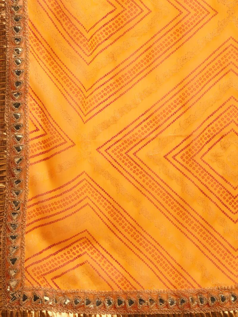 Inddus Yellow Chiffon Lace Bordered Bandhani Saree With Blouse