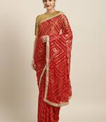 Inddus Red Chiffon Lace Bordered Bandhani Saree With Blouse
