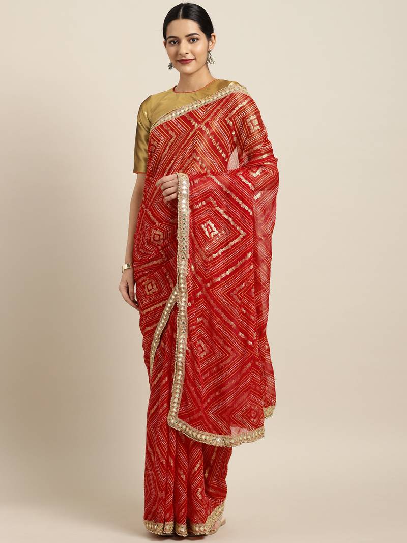 Inddus Red Chiffon Lace Bordered Bandhani Saree With Blouse