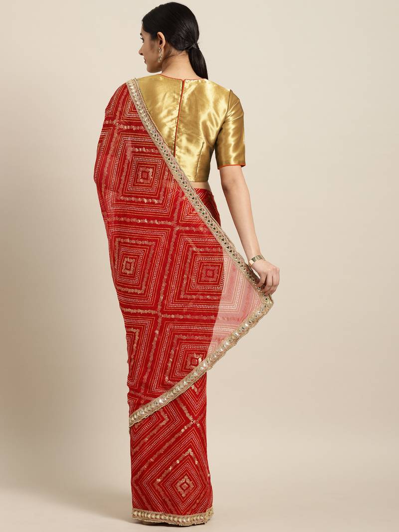 Inddus Red Chiffon Lace Bordered Bandhani Saree With Blouse