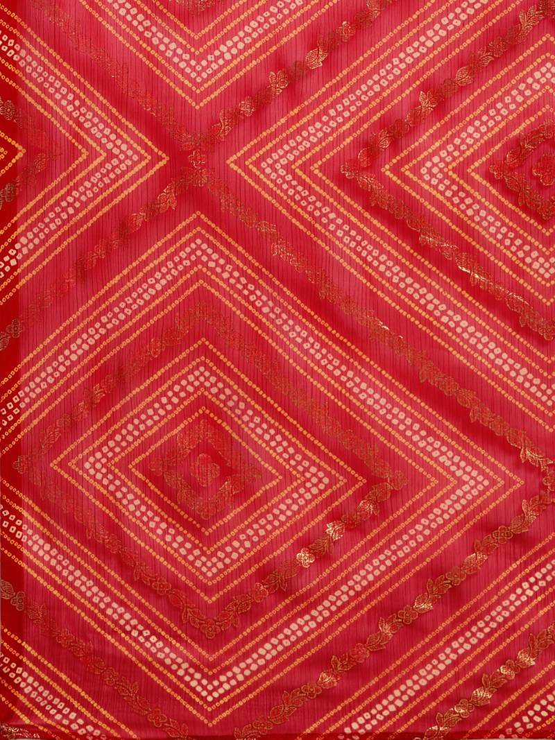Inddus Red Chiffon Lace Bordered Bandhani Saree With Blouse