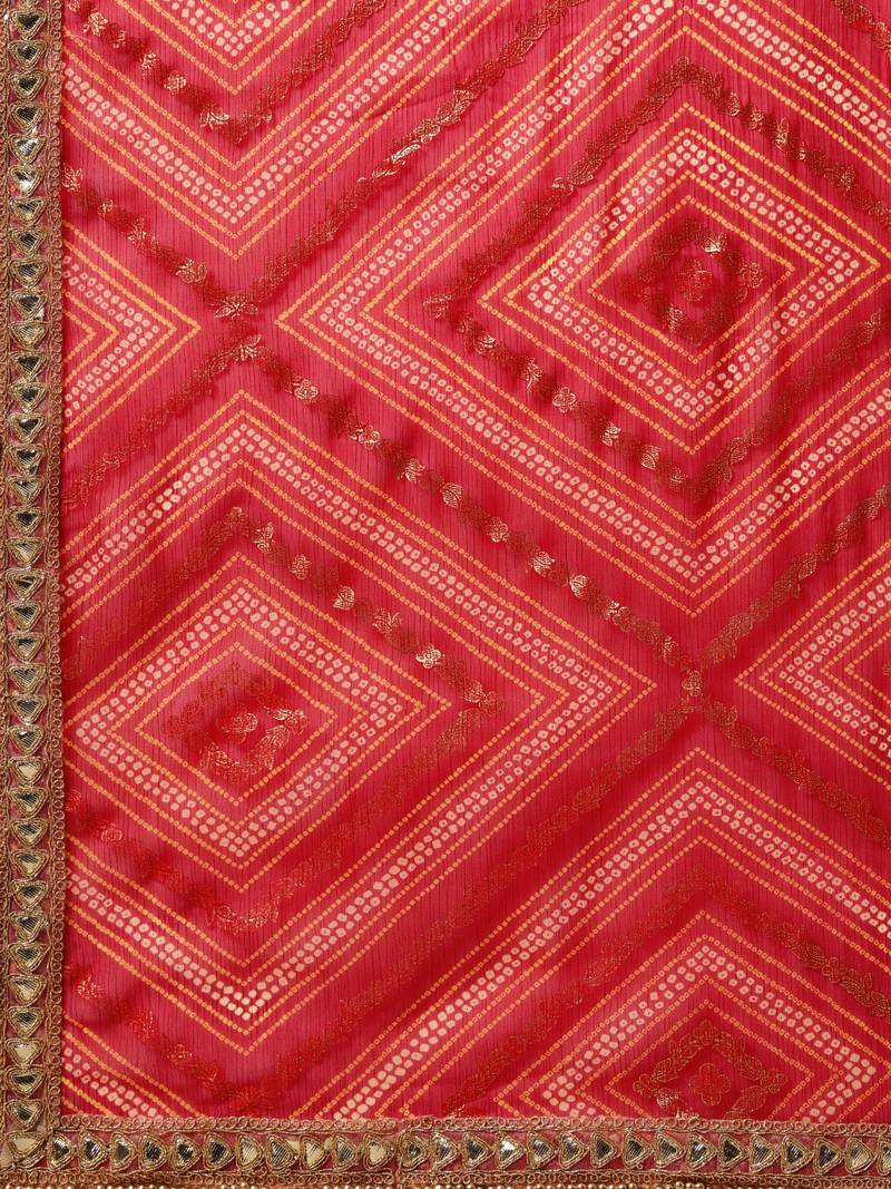 Inddus Red Chiffon Lace Bordered Bandhani Saree With Blouse