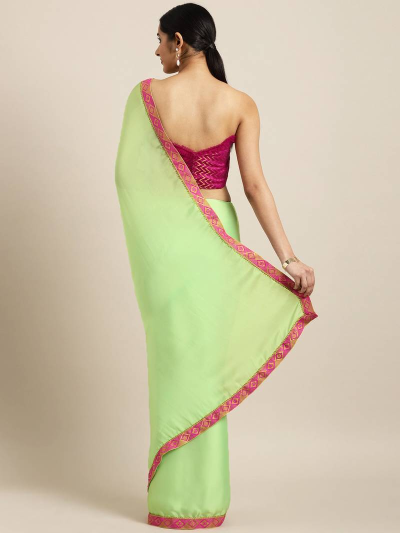 Inddus Green Georgette Woven Lace Bordered Saree With Blouse