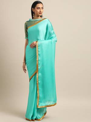 Inddus Sea Green Satin Georgette Lace Bordered Saree With Blouse 1