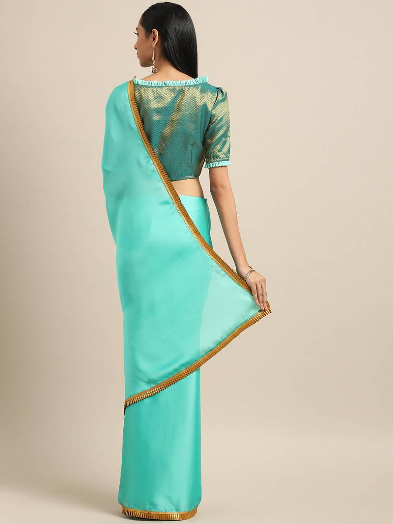 Inddus Sea Green Satin Georgette Lace Bordered Saree With Blouse