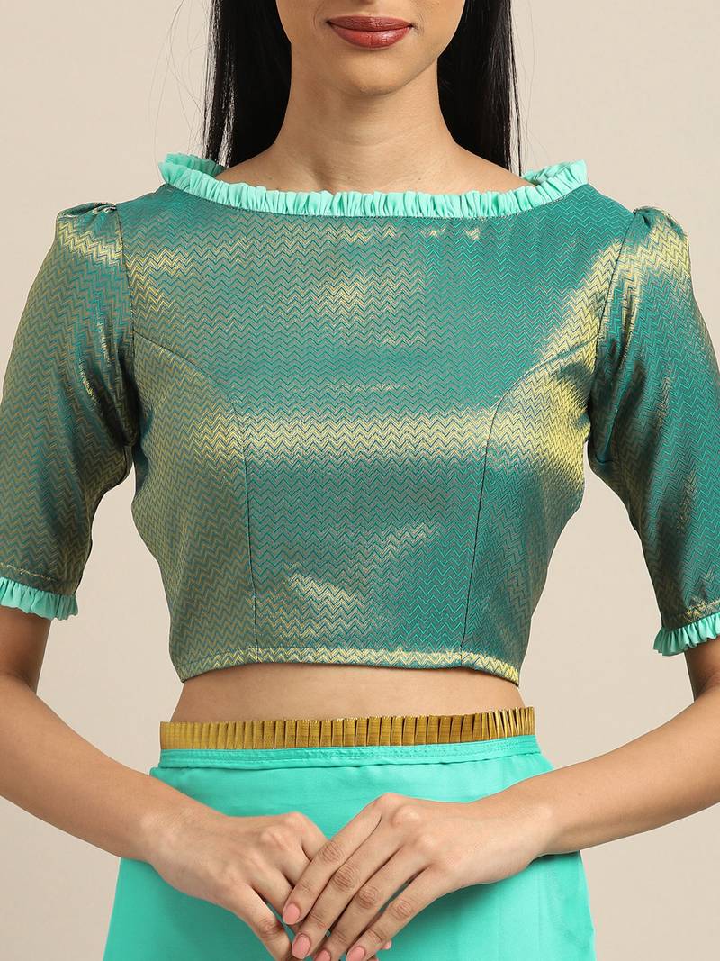 Inddus Sea Green Satin Georgette Lace Bordered Saree With Blouse