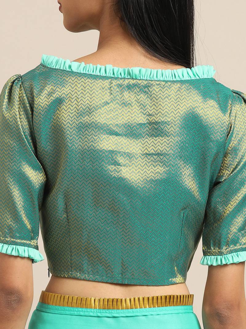 Inddus Sea Green Satin Georgette Lace Bordered Saree With Blouse