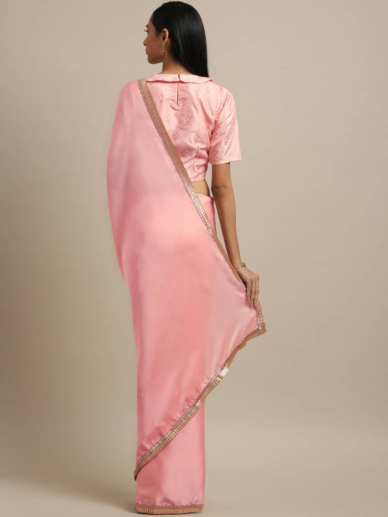 Inddus Pink Satin Georgette Lace Bordered Saree With Blouse