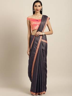 Inddus Grey Jute Cotton Solid Lace Bordered Saree With Woven Blouse 1